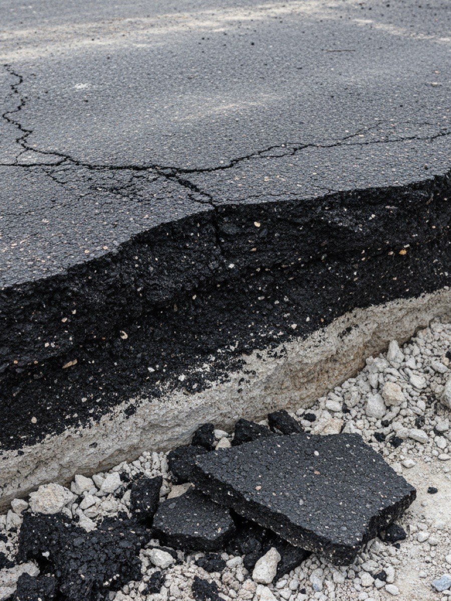 Aufgebrochene Asphaltfahrbahn im Querschnitt: dunkle Asphaltschichten über heller Kiestragschicht, davor lose Asphaltbrocken im Graben
