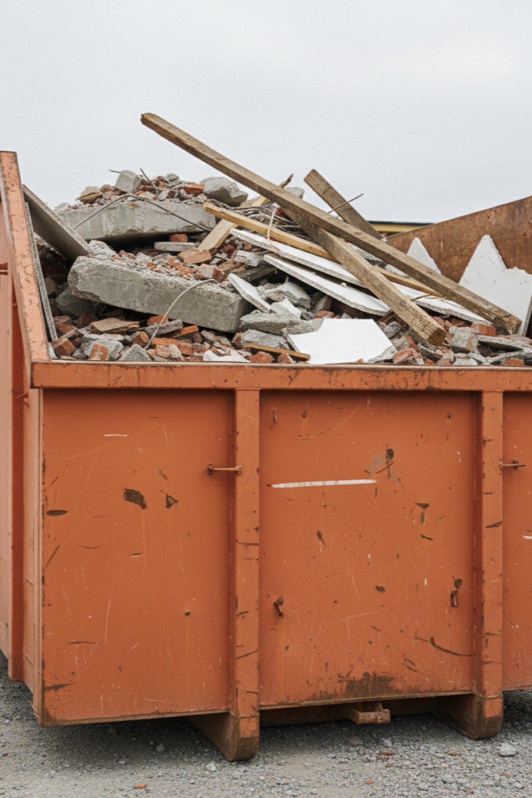 Orangefarbener Abrollcontainer auf einer Baustelle, gefüllt mit gemischtem Abbruchmaterial aus Beton, Ziegelbruch, Holzbalken und Gipskartonplatten