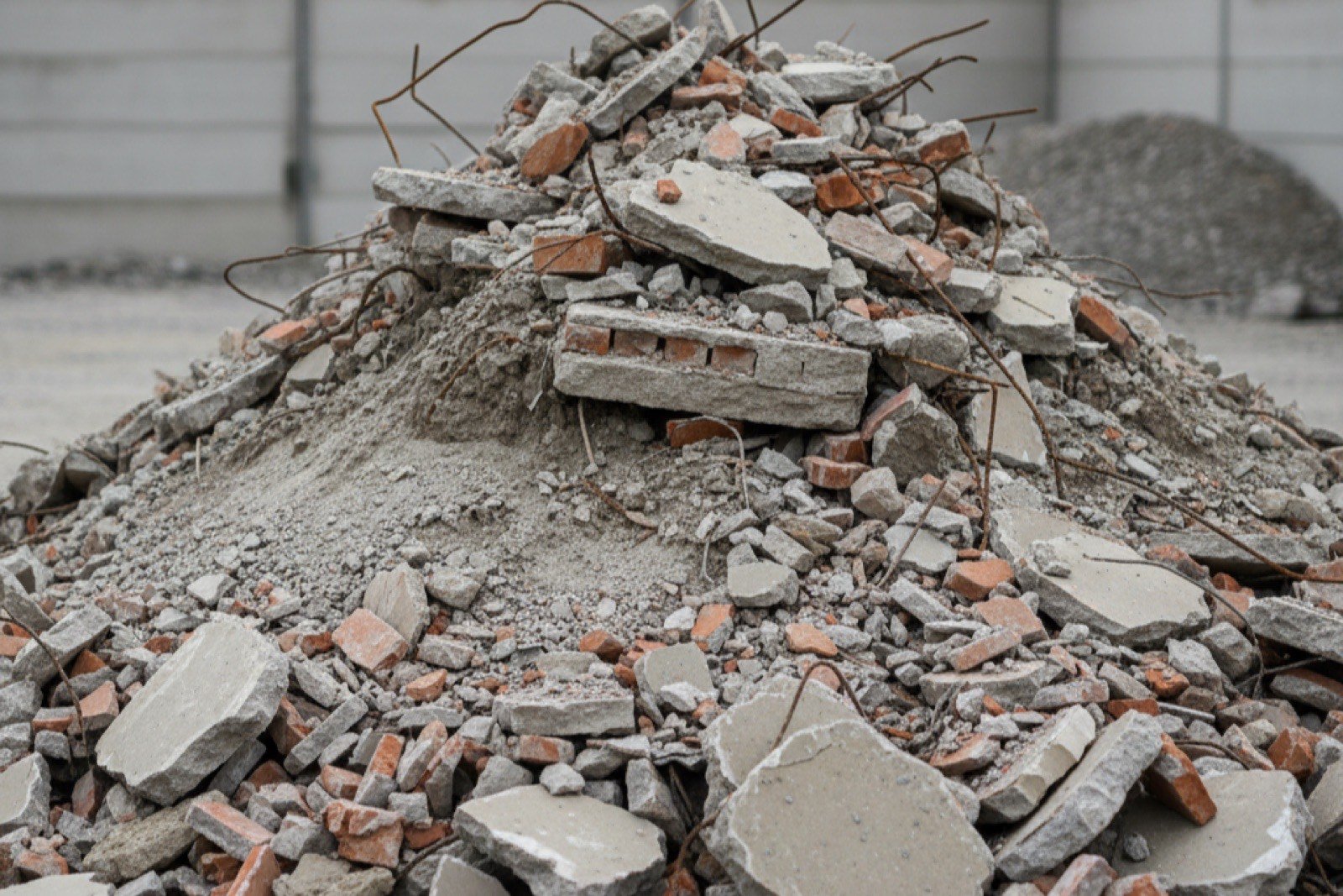 Haufwerk aus gemischtem Bauschutt mit Betonbrocken, Ziegelbruch und rostigen Bewehrungsstäben vor einer Betonwand